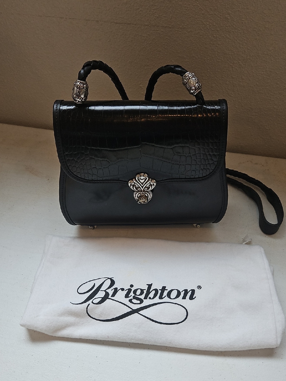 Brighton Black Croc-Embossed Crossbody with Silver Accents